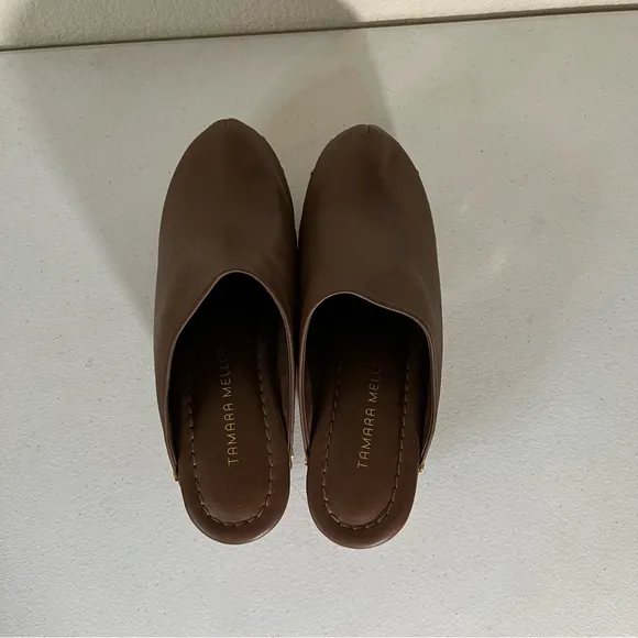 Tamara Mellon Clogs Womens 39 9 Mules Leather Platform Shoes Brown Wood NEW