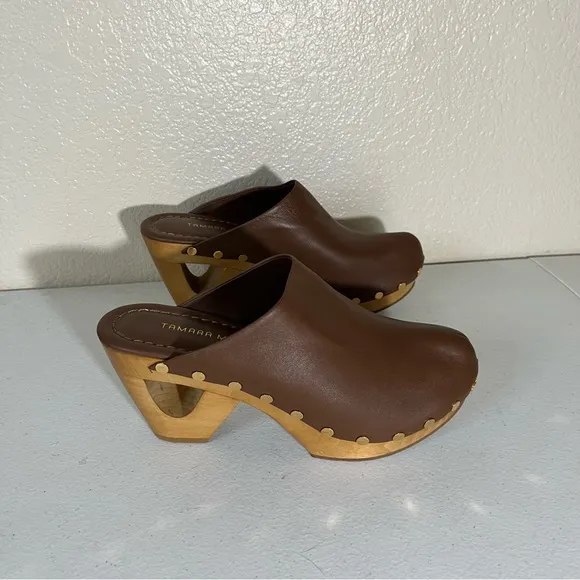Tamara Mellon Clogs Womens 39 9 Mules Leather Platform Shoes Brown Wood NEW