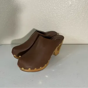 Tamara Mellon Clogs Womens 39 9 Mules Leather Platform Shoes Brown Wood NEW