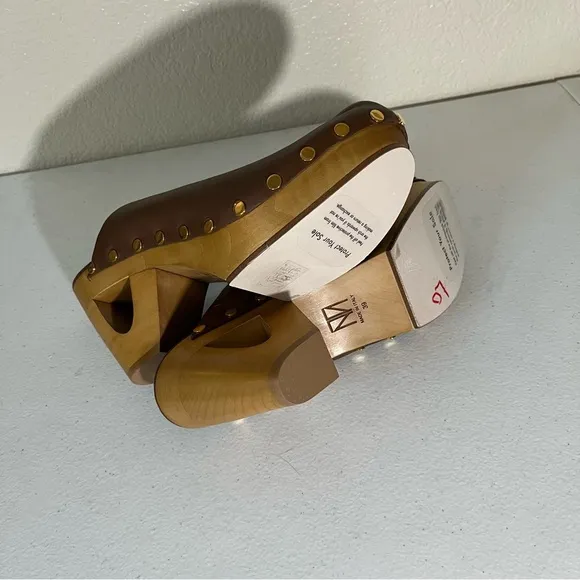 Tamara Mellon Clogs Womens 39 9 Mules Leather Platform Shoes Brown Wood NEW