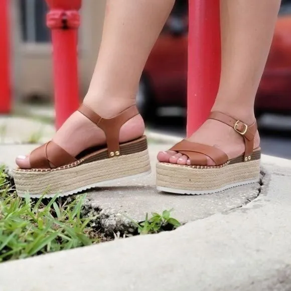Tan Buckle Ankle Strap Platform Sandal Wedge