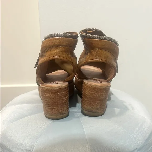 Tan Leather Peep-Toe Ankle Boots