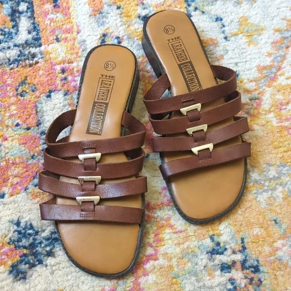 The Leather Collection 90's Vintage Strappy Leather Slide Sandals Brown 8.5