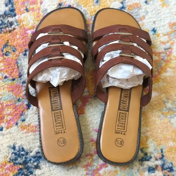 The Leather Collection 90's Vintage Strappy Leather Slide Sandals Brown 8.5