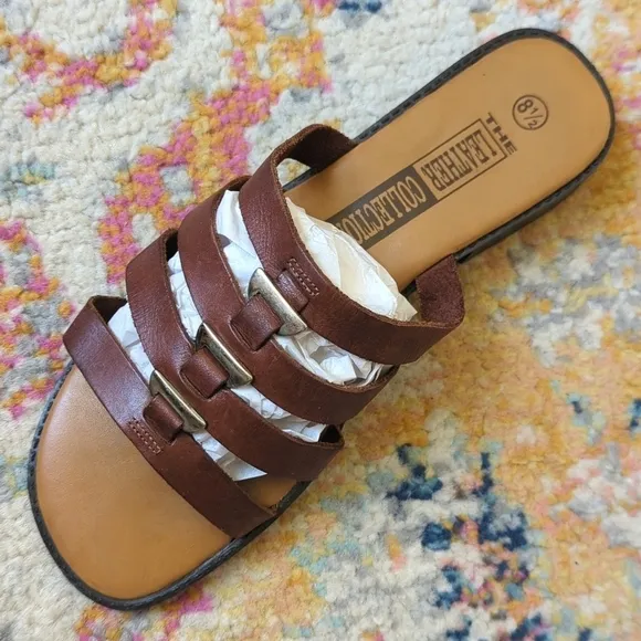 The Leather Collection 90's Vintage Strappy Leather Slide Sandals Brown 8.5