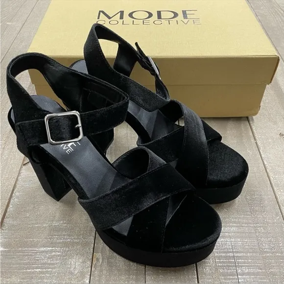 The Mode Collective Velvet Strappy Block Heel PodiumSandal Platform Heels 7