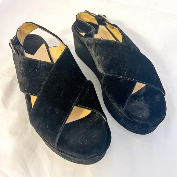 THEORY Women's Sandals Black Velvet Platform Buckle Back Size 8 / 38.5