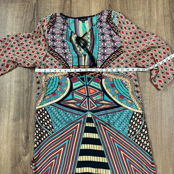 Tolani Bohemian Print Silk Dress Ruched Sleeve Mod/Art Deco Dress Sz M