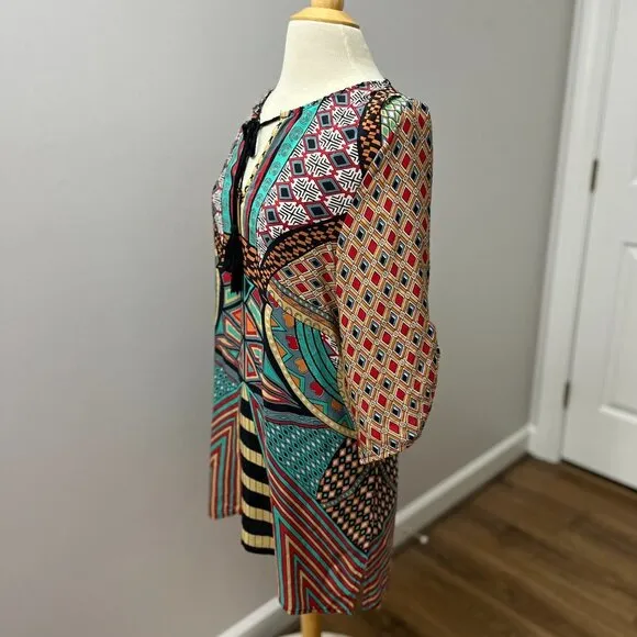 Tolani Bohemian Print Silk Dress Ruched Sleeve Mod/Art Deco Dress Sz M