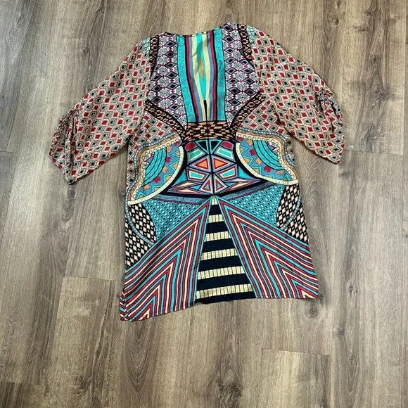 Tolani Bohemian Print Silk Dress Ruched Sleeve Mod/Art Deco Dress Sz M