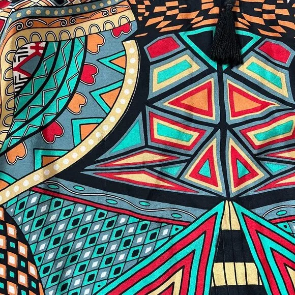 Tolani Bohemian Print Silk Dress Ruched Sleeve Mod/Art Deco Dress Sz M