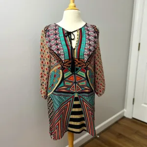 Tolani Bohemian Print Silk Dress Ruched Sleeve Mod/Art Deco Dress Sz M