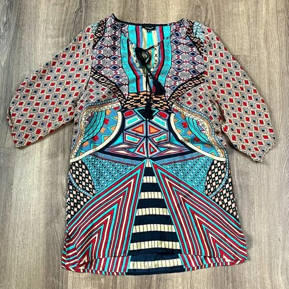 Tolani Bohemian Print Silk Dress Ruched Sleeve Mod/Art Deco Dress Sz M