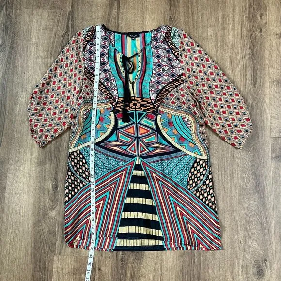 Tolani Bohemian Print Silk Dress Ruched Sleeve Mod/Art Deco Dress Sz M