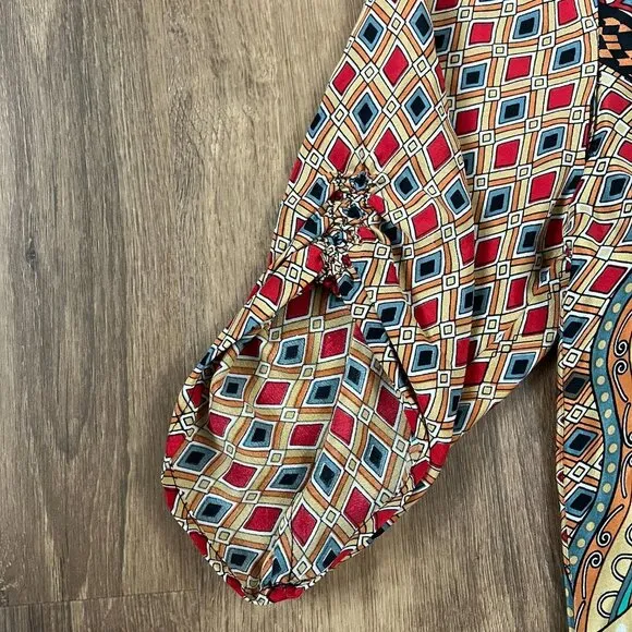 Tolani Bohemian Print Silk Dress Ruched Sleeve Mod/Art Deco Dress Sz M