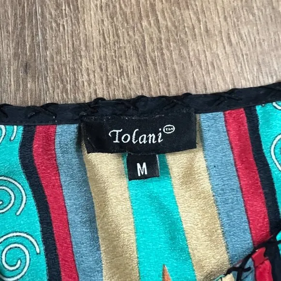 Tolani Bohemian Print Silk Dress Ruched Sleeve Mod/Art Deco Dress Sz M