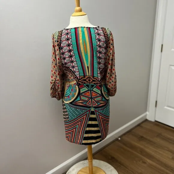 Tolani Bohemian Print Silk Dress Ruched Sleeve Mod/Art Deco Dress Sz M