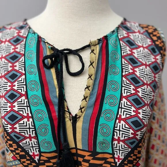 Tolani Bohemian Print Silk Dress Ruched Sleeve Mod/Art Deco Dress Sz M
