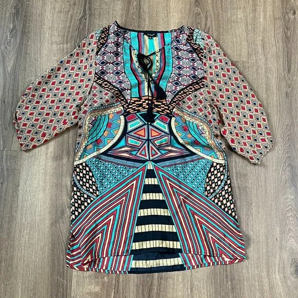 Tolani Bohemian Print Silk Dress Ruched Sleeve Mod/Art Deco Dress Sz M