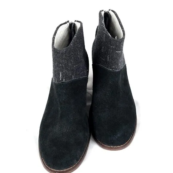 TOMS Leila Wool Flannel Suede Block Heel Ankle Boots Gray Black Size 7