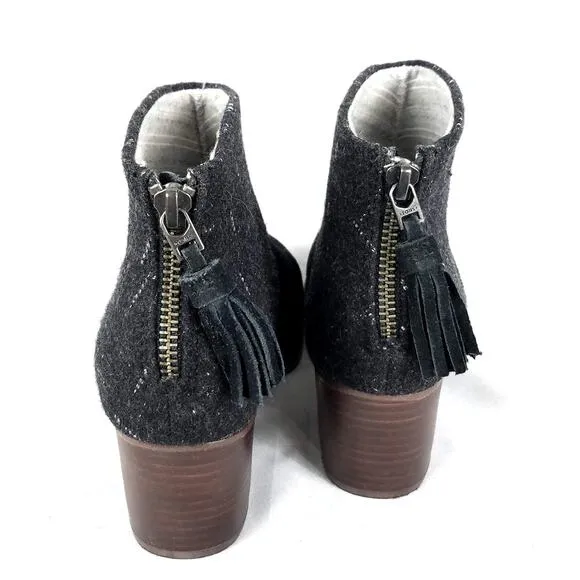 TOMS Leila Wool Flannel Suede Block Heel Ankle Boots Gray Black Size 7