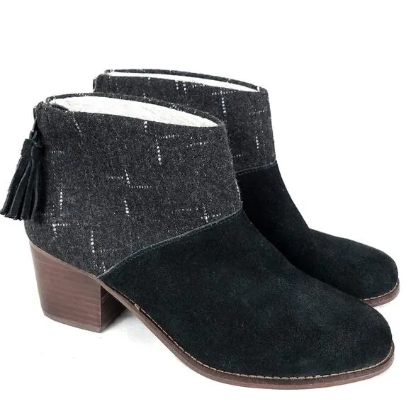 TOMS Leila Wool Flannel Suede Block Heel Ankle Boots Gray Black Size 7