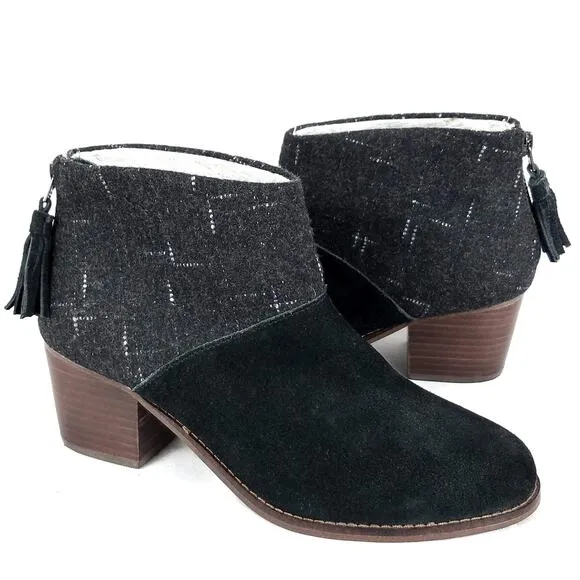 TOMS Leila Wool Flannel Suede Block Heel Ankle Boots Gray Black Size 7