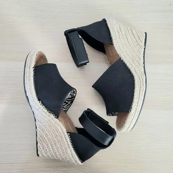 Toms Marisol  Espadrille Platform Wedge Jute Ankle Strap Sandals Black Tan 9 New