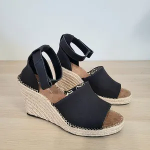 Toms Marisol  Espadrille Platform Wedge Jute Ankle Strap Sandals Black Tan 9 New