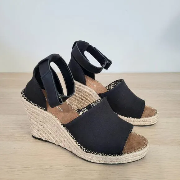 Toms Marisol  Espadrille Platform Wedge Jute Ankle Strap Sandals Black Tan 9 New