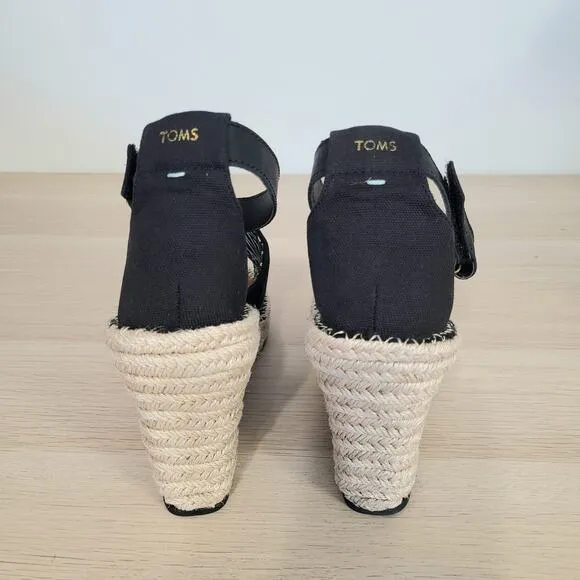 Toms Marisol  Espadrille Platform Wedge Jute Ankle Strap Sandals Black Tan 9 New