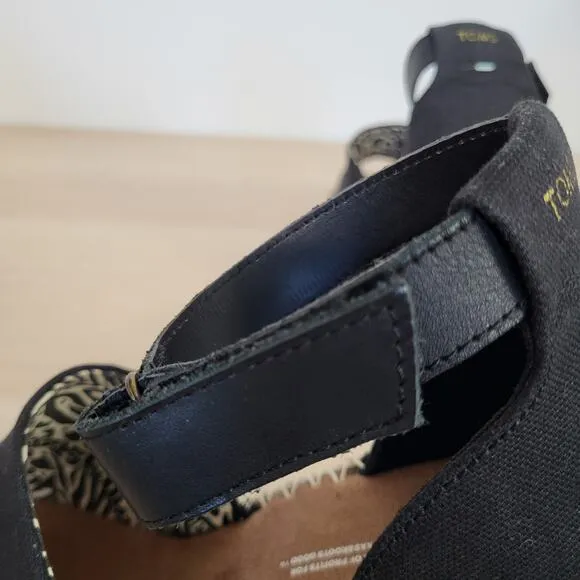 Toms Marisol  Espadrille Platform Wedge Jute Ankle Strap Sandals Black Tan 9 New