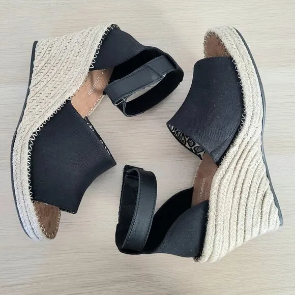 Toms Marisol  Espadrille Platform Wedge Jute Ankle Strap Sandals Black Tan 9 New