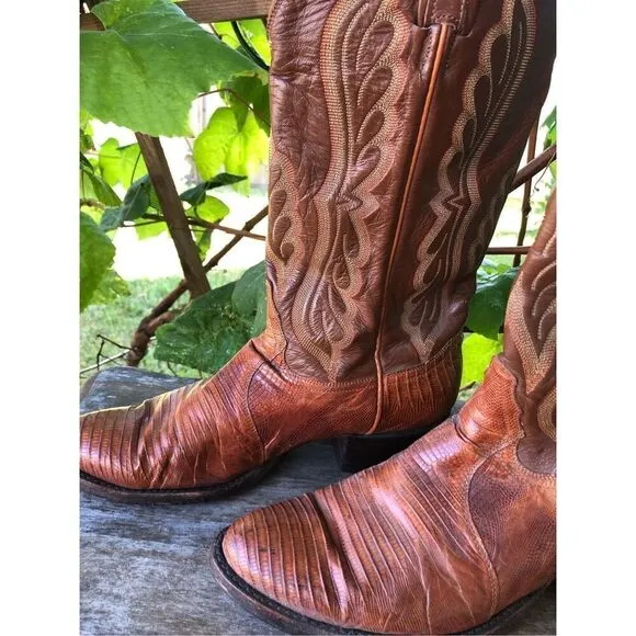 Tony Lama Lizard Skin Leather Cowboy Boots Men's Brown Leather 9 E Made in USA