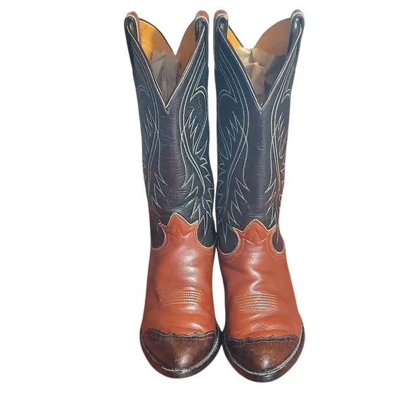 Tony Lama Vintage Black Label Brown Black LeatherTeju Cap Toe Cowgirl Boots