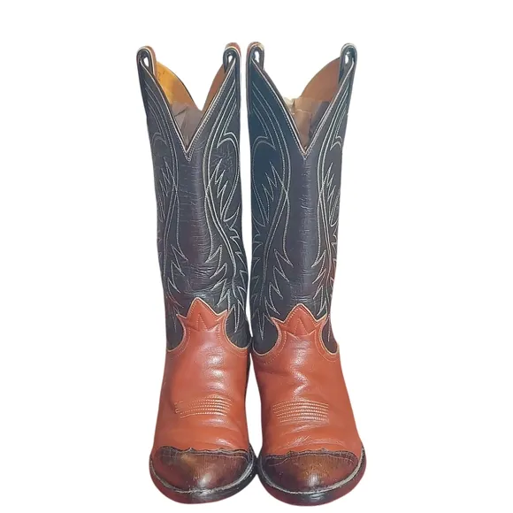 Tony Lama Vintage Black Label Brown Black LeatherTeju Cap Toe Cowgirl Boots
