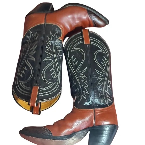 Tony Lama Vintage Black Label Brown Black LeatherTeju Cap Toe Cowgirl Boots