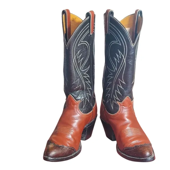 Tony Lama Vintage Black Label Brown Black LeatherTeju Cap Toe Cowgirl Boots