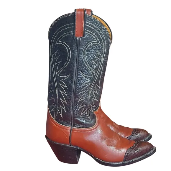 Tony Lama Vintage Black Label Brown Black LeatherTeju Cap Toe Cowgirl Boots