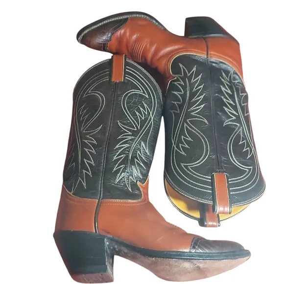 Tony Lama Vintage Black Label Brown Black LeatherTeju Cap Toe Cowgirl Boots