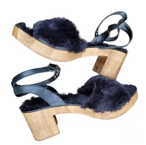 Topshop Vinne funky black faux fur and chunky wood heeled ankle strap sandals