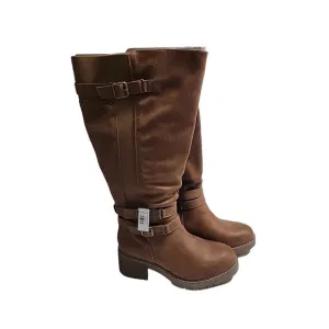 Torrid Lug Stacked Heel Vegan Leather Knee High Boots w Buckles Cognac Size 11WW