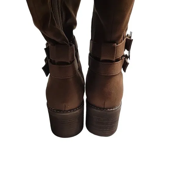 Torrid Lug Stacked Heel Vegan Leather Knee High Boots w Buckles Cognac Size 11WW