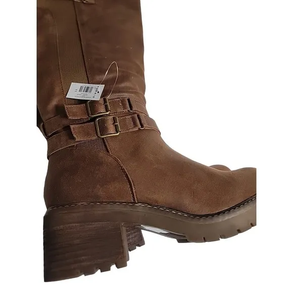 Torrid Lug Stacked Heel Vegan Leather Knee High Boots w Buckles Cognac Size 11WW