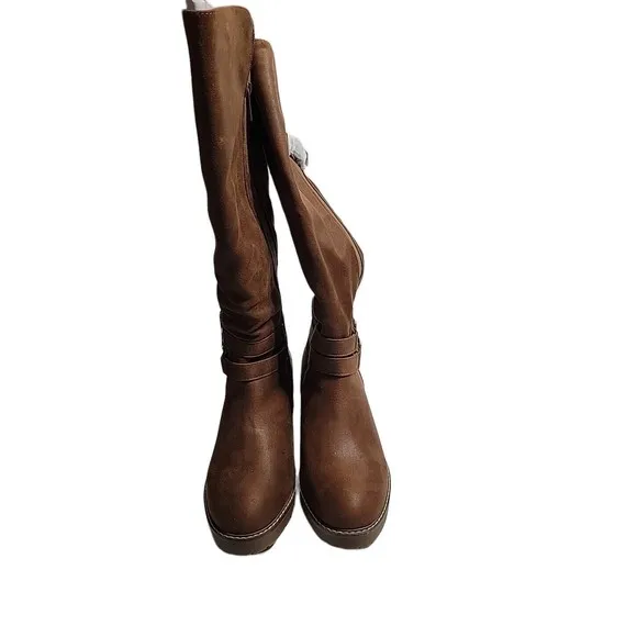 Torrid Lug Stacked Heel Vegan Leather Knee High Boots w Buckles Cognac Size 11WW