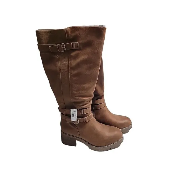 Torrid Lug Stacked Heel Vegan Leather Knee High Boots w Buckles Cognac Size 11WW