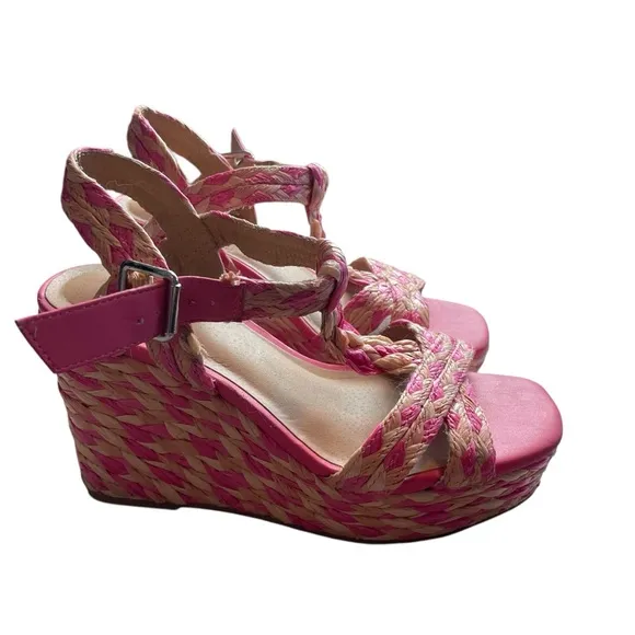 Torrid Pink &amp; Beige Braided Wedge Sandals Size 8WW – Boho Chic Summer Shoes
