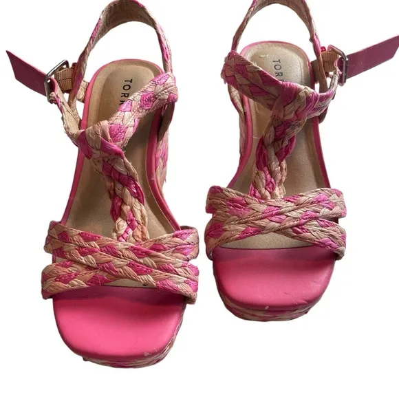 Torrid Pink &amp; Beige Braided Wedge Sandals Size 8WW – Boho Chic Summer Shoes