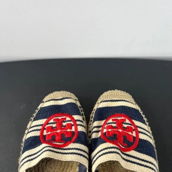 Tory Burch A-Line Stripe Espadrille Slip On Sandal Shoes Size 8 Navy / Natural