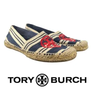 Tory Burch A-Line Stripe Espadrille Slip On Sandal Shoes Size 8 Navy / Natural